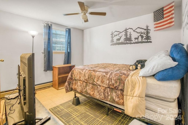 bedroom featuring ceiling fan and a baseboard heating unit