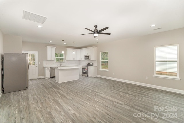 kitchen with white cabinetry, a wealth of natural light, a center island, and stainless steel appliances