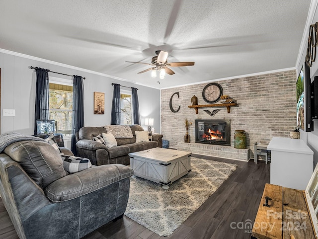 living room featuring a brick fireplace, ornamental molding, a textured ceiling, ceiling fan, and dark wood-type flooring