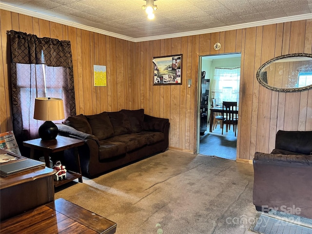 carpeted living room with wooden walls and crown molding