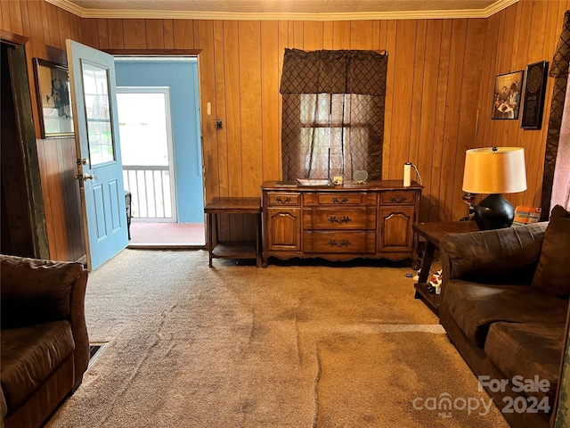 carpeted living room with wooden walls and ornamental molding