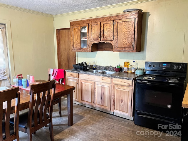 kitchen with black electric range, a textured ceiling, sink, dark hardwood / wood-style floors, and crown molding