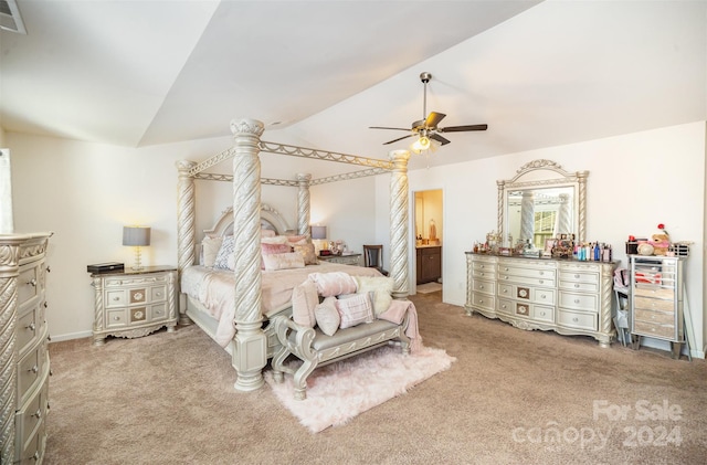 carpeted bedroom featuring ceiling fan and lofted ceiling