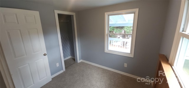 unfurnished bedroom featuring carpet flooring and a closet