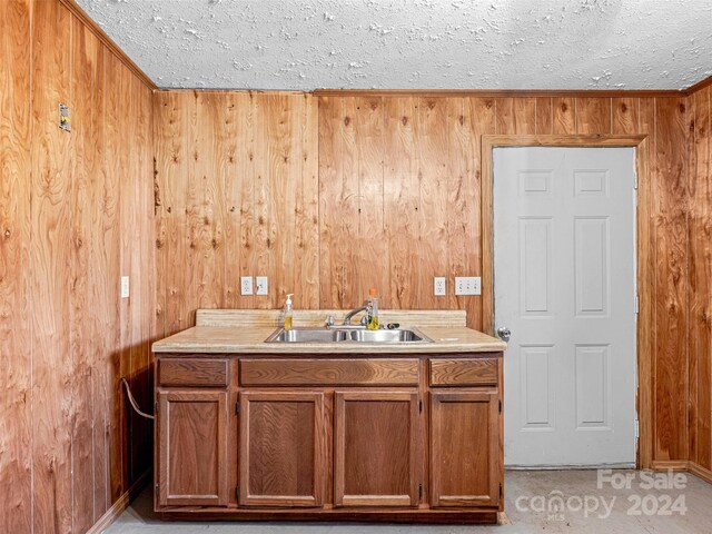 bathroom with wood walls, sink, a textured ceiling, and ornamental molding