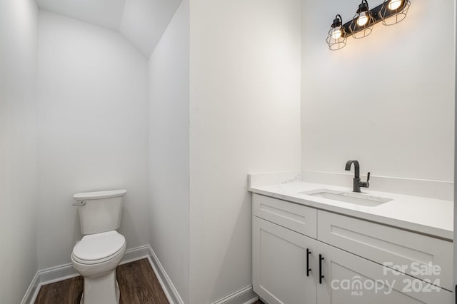 bathroom with hardwood / wood-style floors, lofted ceiling, toilet, and vanity