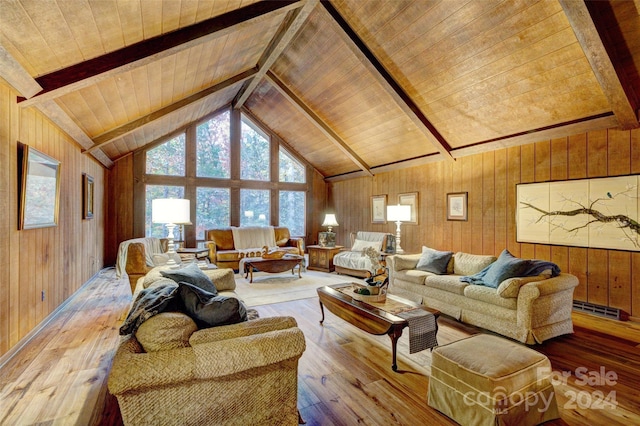 living room featuring wooden ceiling, light hardwood / wood-style floors, wood walls, beam ceiling, and high vaulted ceiling