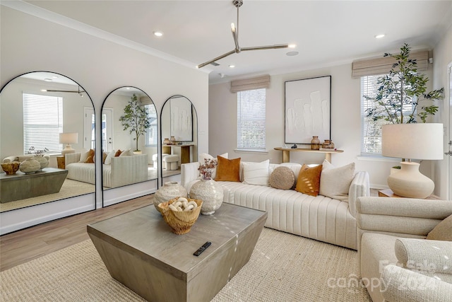 living room featuring plenty of natural light, crown molding, and light hardwood / wood-style flooring