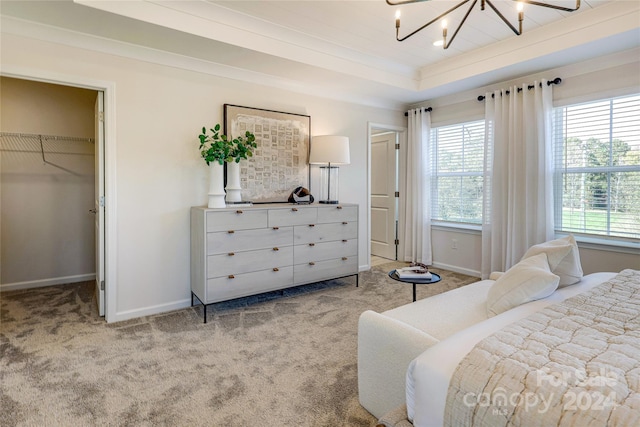 carpeted bedroom featuring a spacious closet, a chandelier, a raised ceiling, and a closet