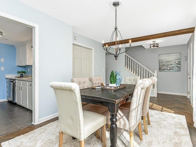 8002 Regent Park Ln, Charlotte, NC 28210 - dining area with a chandelier, stairs, beam ceiling, dark wood-type flooring, and beverage cooler