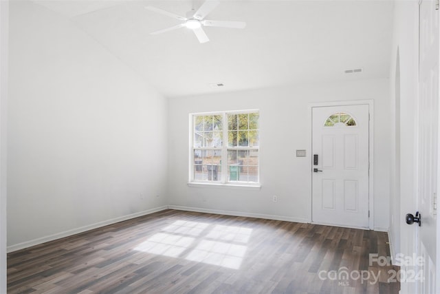 entrance foyer with ceiling fan, lofted ceiling, and dark hardwood / wood-style floors