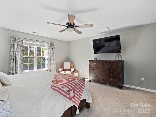 bedroom featuring visible vents, ceiling fan, light carpet, and baseboards