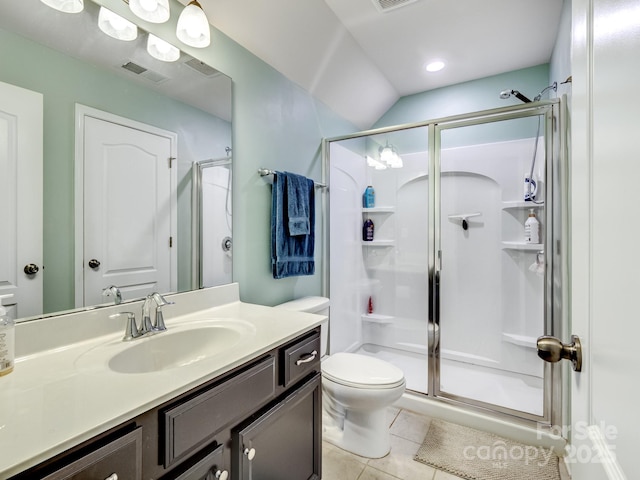 bathroom featuring toilet, tile patterned flooring, a shower stall, and visible vents