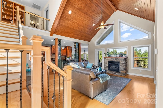 living room featuring light wood finished floors, wood ceiling, visible vents, and a wealth of natural light