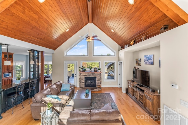 living area featuring visible vents, wood ceiling, a stone fireplace, light wood-style floors, and high vaulted ceiling