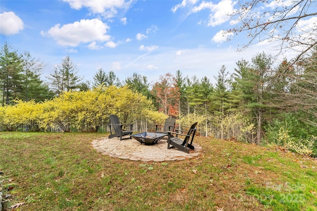 view of yard with a fire pit