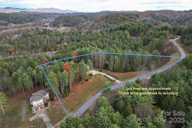 bird's eye view featuring a forest view and a mountain view