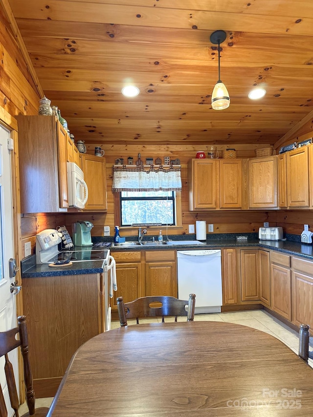 kitchen featuring white appliances, a sink, hanging light fixtures, dark countertops, and wooden ceiling