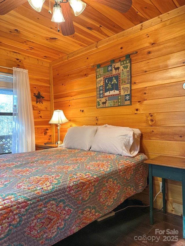 bedroom with wooden ceiling and wood walls