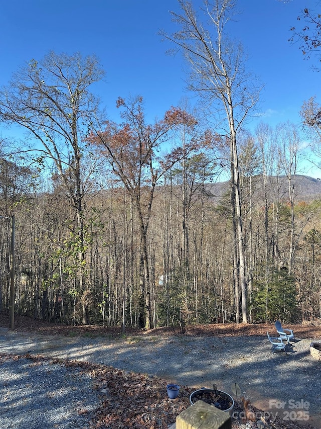 exterior space featuring a forest view