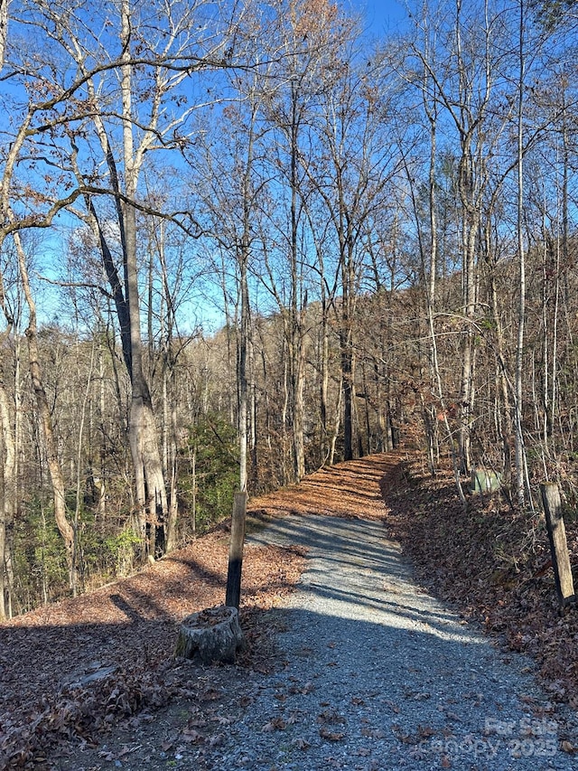 view of road featuring a forest view