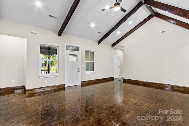 unfurnished living room with high vaulted ceiling, ceiling fan, dark hardwood / wood-style floors, and beam ceiling