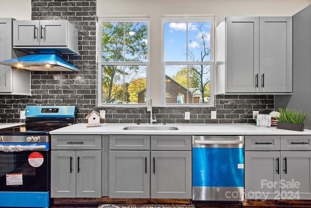 kitchen featuring plenty of natural light, gray cabinetry, sink, and appliances with stainless steel finishes