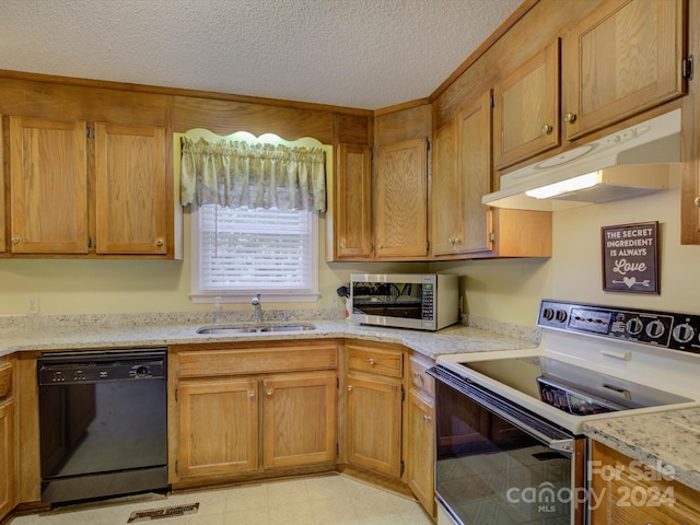 kitchen featuring dishwasher, sink, a textured ceiling, white range with electric stovetop, and light stone counters