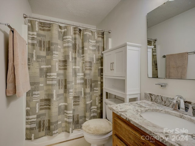 bathroom with vanity, a textured ceiling, and toilet