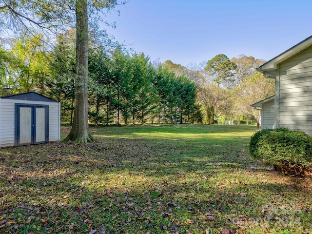 view of yard featuring a storage shed