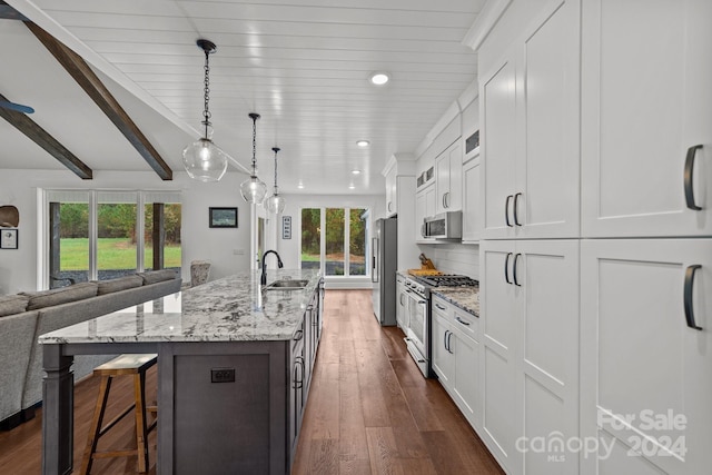 kitchen with plenty of natural light, white cabinets, a large island, and stainless steel appliances