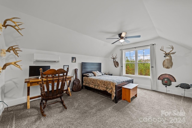 bedroom featuring ceiling fan, carpet, vaulted ceiling, and a wall mounted air conditioner