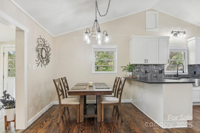 dining space with plenty of natural light, dark hardwood / wood-style flooring, lofted ceiling, and sink