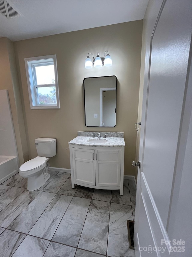 full bathroom with toilet, marble finish floor, vanity, and visible vents