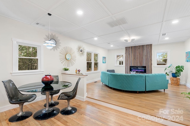 living room with a fireplace, wood-type flooring, and plenty of natural light