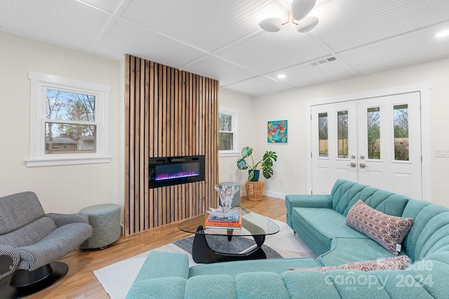 living room featuring a fireplace and light wood-type flooring