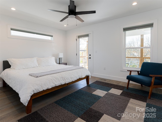 bedroom with dark wood-style floors, ceiling fan, baseboards, and recessed lighting