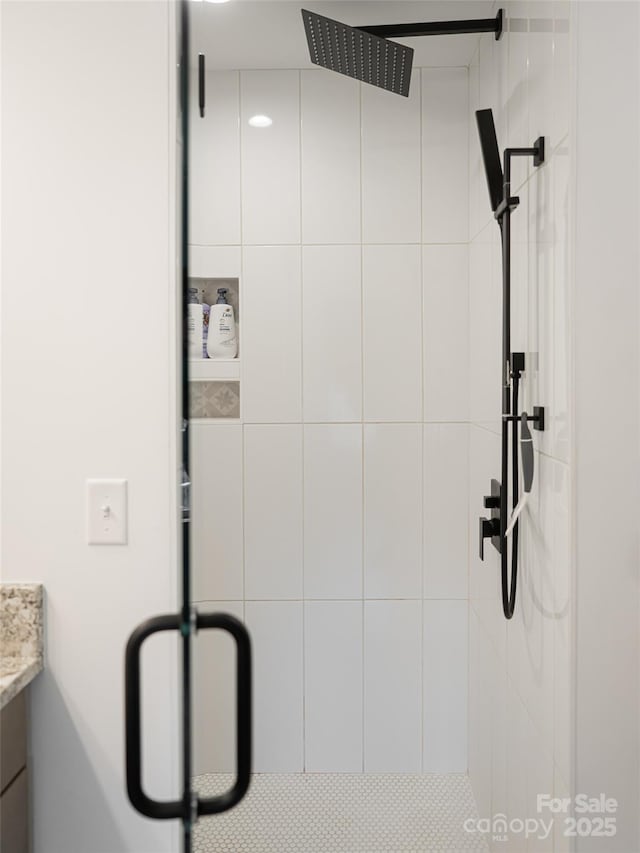 interior details with a shower stall and vanity