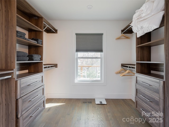 walk in closet with dark wood-style flooring and visible vents