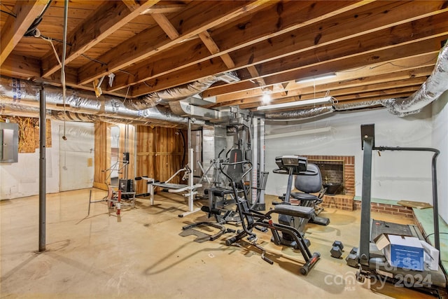 workout room with electric panel and concrete floors