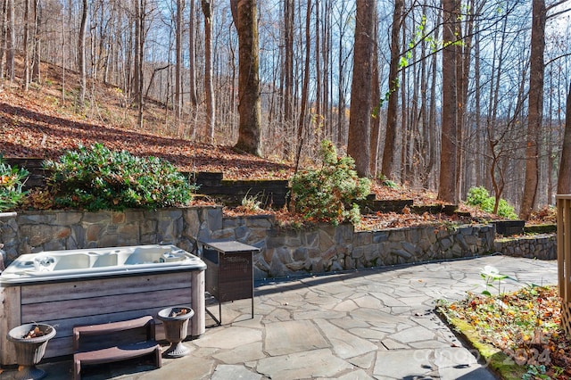 view of patio / terrace with a hot tub