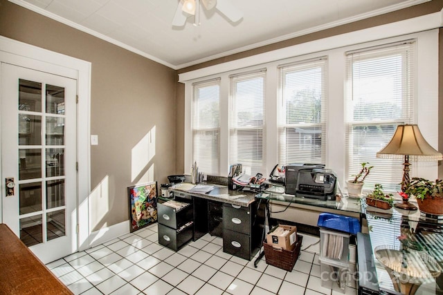 tiled office space with ceiling fan, ornamental molding, and plenty of natural light