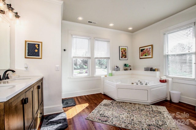 bathroom featuring vanity, wood-type flooring, crown molding, and plenty of natural light