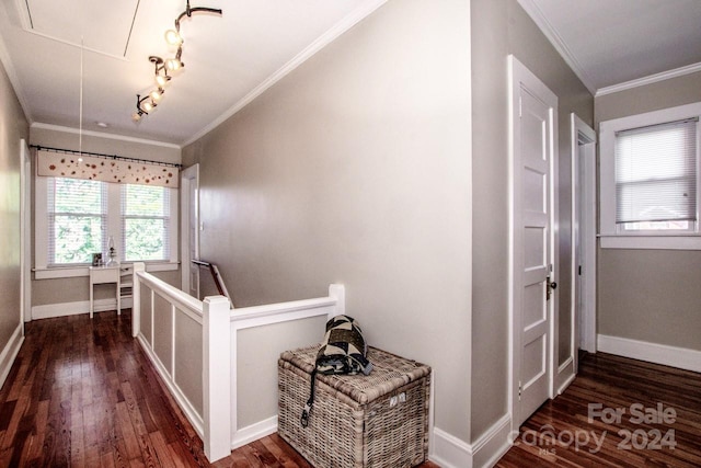 hall with dark hardwood / wood-style flooring and ornamental molding