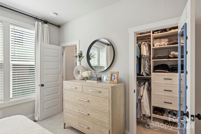 bedroom with a closet and light carpet