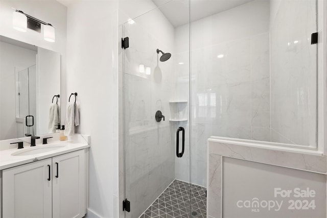 bathroom with vanity and a shower with shower door