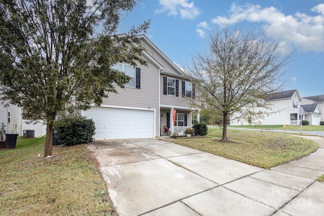 view of front of property featuring a front lawn, central air condition unit, a garage, and covered porch