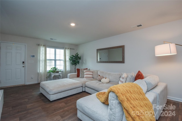 living room with dark hardwood / wood-style flooring