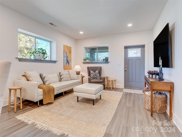 living room with a wealth of natural light and light hardwood / wood-style flooring