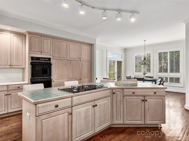 kitchen with black appliances, light brown cabinetry, dark wood-type flooring, and crown molding